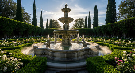Obraz premium Ornate stone water fountain in a lush garden on transparent background