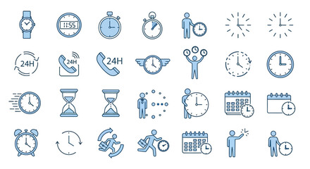 Fototapeta premium Comprehensive collection of time management and scheduling concept icons, illustrating efficiency, deadlines, and planning for business and daily life applications