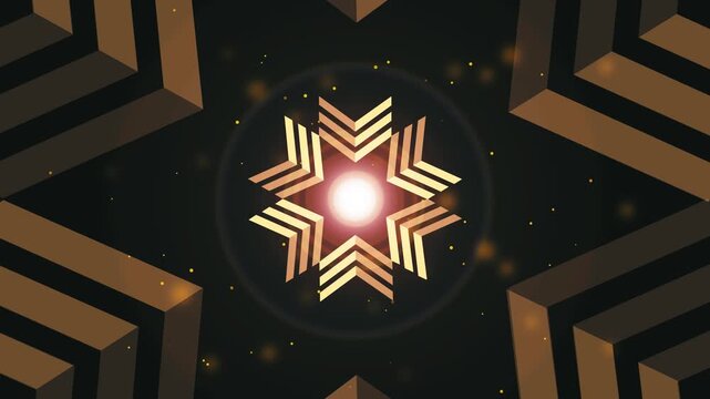 Geometric star with layered 3d chevrons surrounding a glowing central light on dark background animation