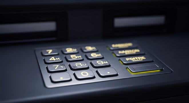 Extreme close-up of an illuminated ATM keypad with security buttons