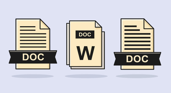 Collection of document icons representing Word and DOC file types on a plain background, perfect for digital content creation and organization