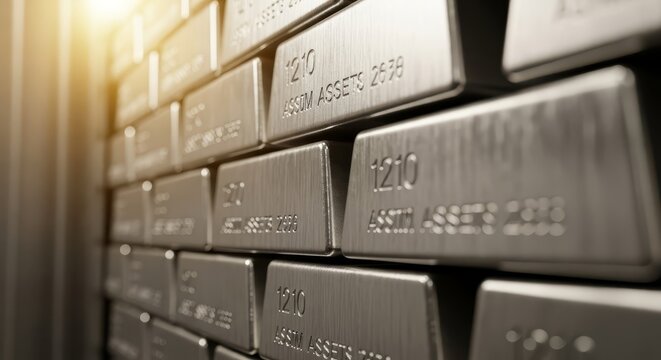 Stacked silver bullion bars with etched markings for wealth and investment