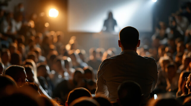 Audience speaker stage conference lecture seminar crowd silhouette audience spotlight presentation keynote talk public event meeting hall focus