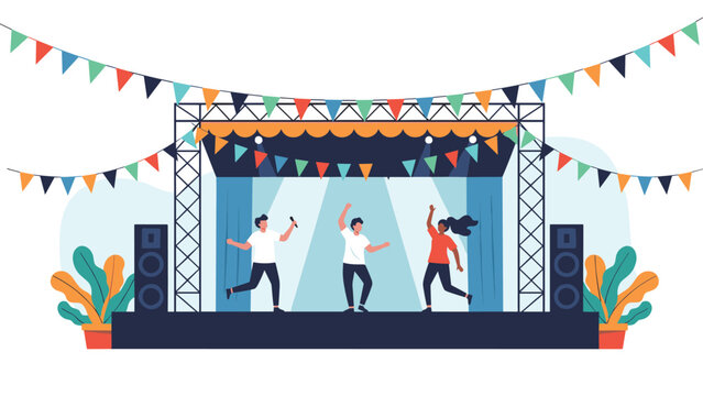 Joyful group of people dancing on an outdoor stage at a summer music festival with colorful flags and sound equipment.