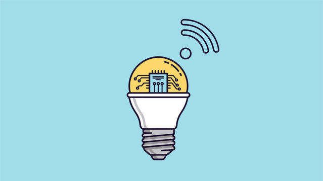 Conceptual illustration of a smart light bulb with circuit board and wifi signal symbol representing iot technology.