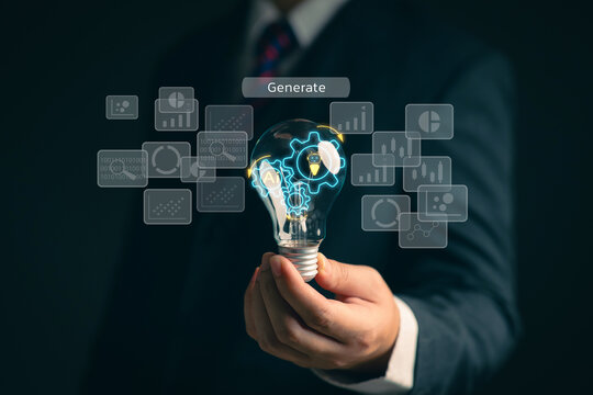 The concept of using AI in the workplace. Business people are asking AI to help them with certain tasks. A concept of future technology. AI-powered management systems.