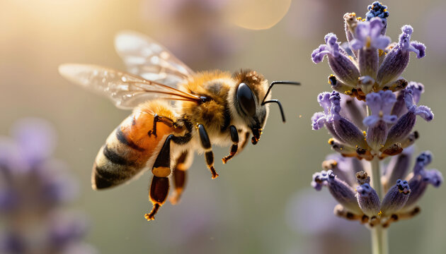 Honigbiene fliegt zu Lavendelbl&uuml;te im Sonnenlicht