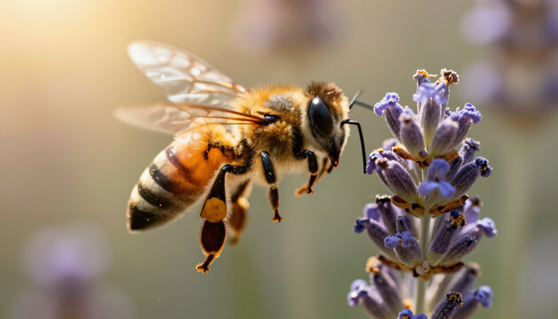 Makro einer Biene schwebend vor Lavendel