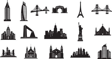 Black silhouettes of famous landmarks and city skylines around the world in one frame © Anamul