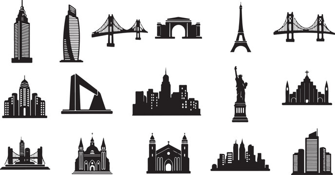 Black silhouettes of famous landmarks and city skylines around the world in one frame