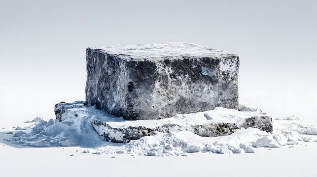 A large rectangular ice block sits on snow against a bright white background