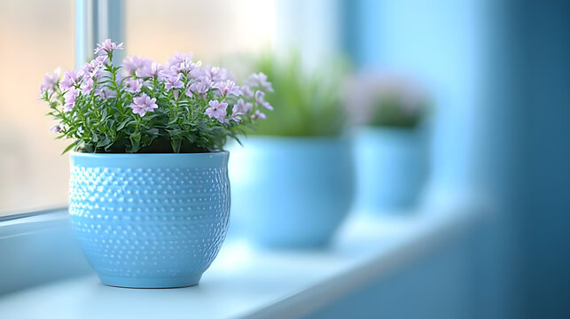 Cozy blue ceramic pots filled with fresh green domestic houseplants on a clean windowsill