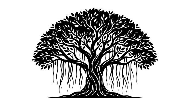 Minimal banyan tree silhouette vector icon flat illustration
