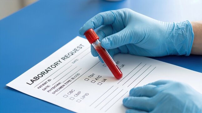 Hand in blue gloves holding a red blood sample tube above a laboratory request form with checkboxes for various tests on a blue table surface