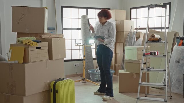 Woman holding tablet checks inventory amid packed cardboard boxes and a yellow suitcase in building; new beginning focused.