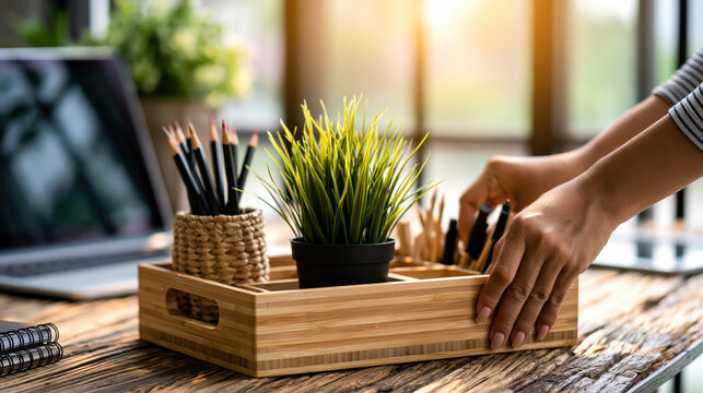 Home office desk reset hand clearing clutter with wooden tray, plant, pencil holder, laptop, warm light