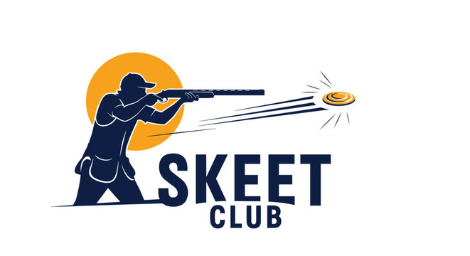 Dynamic skeet club logo design featuring a silhouette of a shooter aiming at a flying clay pigeon against a bright orange sun.
