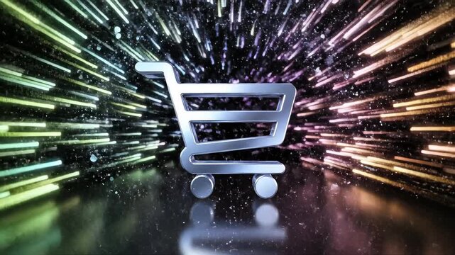 A metallic shopping cart floats in a vibrant, streaking cosmic background