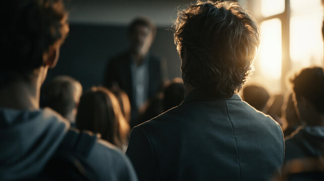 Motivational classroom talk adult speaker audience back view seminar lecture education meeting group discussion