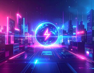 Obraz premium Glowing Futuristic Energy Symbol Floating Above Neon Cyberpunk City Skyline