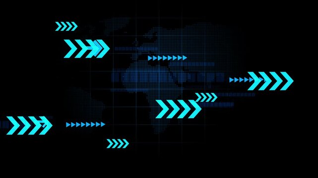 Dark tech background with glowing arrows moving right over a dotted world map animation