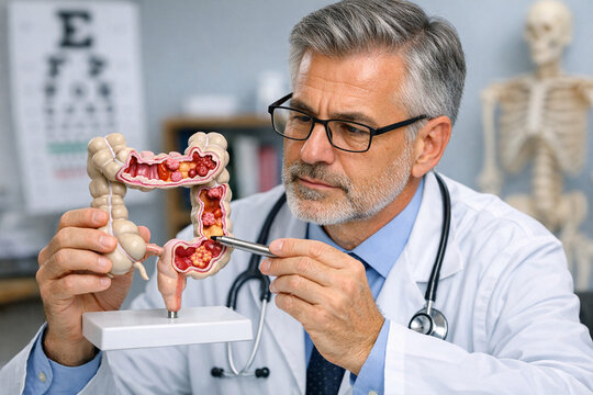 Doctor examining model of human anatomy
