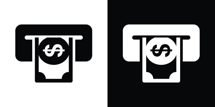 ATM cash withdrawal slot icon. Flat vector illustration of dollar banknote dispensing, automated teller machine, banking transaction. Minimalist black and white design.