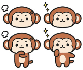 Fototapeta premium 怒っている、やる気のある表情のサルのイラストセット