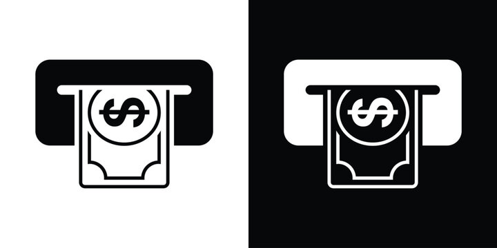 ATM cash withdrawal slot icon. Flat vector illustration of dollar banknote dispensing, automated teller machine, banking transaction. Minimalist black and white design.