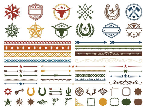 Versatile collection of retro western design elements, including vintage badges, rustic borders, and cowboy decorative accents.