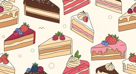 Custom vertical slats for kitchen with your photo Delicious seamless pattern featuring various slices of layered cakes decorated with chocolate frosting, cream, and fresh forest berries.