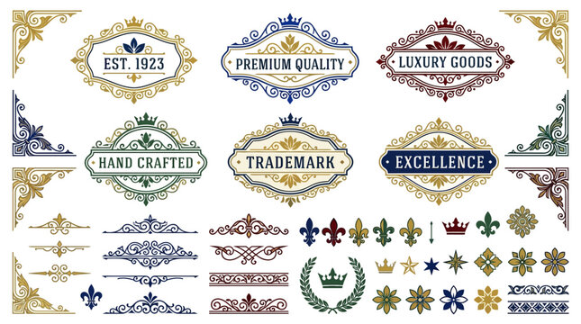 Collection of retro luxury packaging ornaments and decorative elements, including vintage frames, labels, and borders for premium branding.