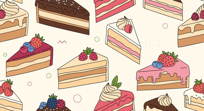 Delicious seamless pattern featuring various slices of layered cakes decorated with chocolate frosting, cream, and fresh forest berries.