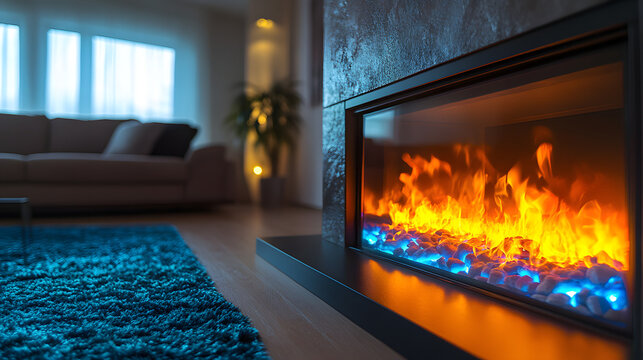 A modern cozy living room interior design featuring a warm electric led fireplace glowing