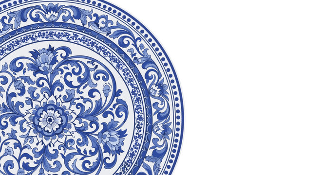 Detailed close up of a traditional chinese blue and white porcelain plate featuring intricate floral patterns and classic oriental motifs.