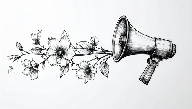 Black and White Megaphone with Floral Branch Line Art Vector Illustration