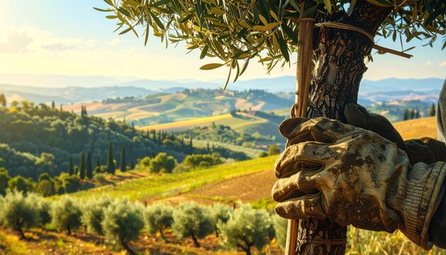Olive tree sapling staked in sunlit Tuscan countryside with rolling hills and groves