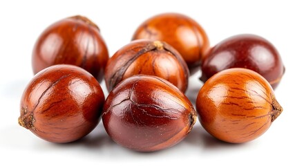 Obraz premium Close up of freshly harvested hazelnuts on white background