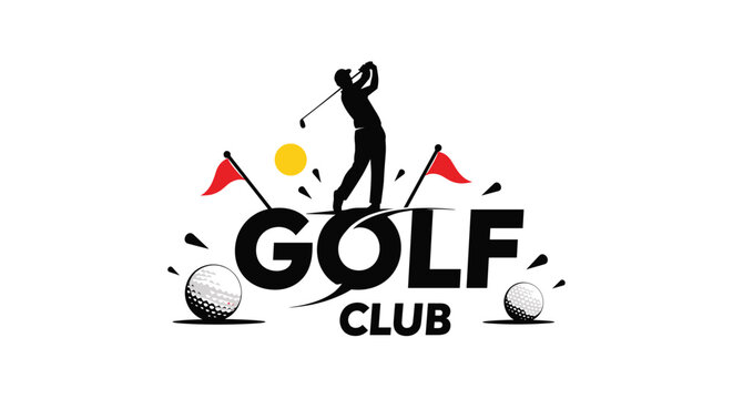 Dynamic golf club logo design featuring a male golfer silhouette in mid swing with golf balls, flags, and energetic splash effects.