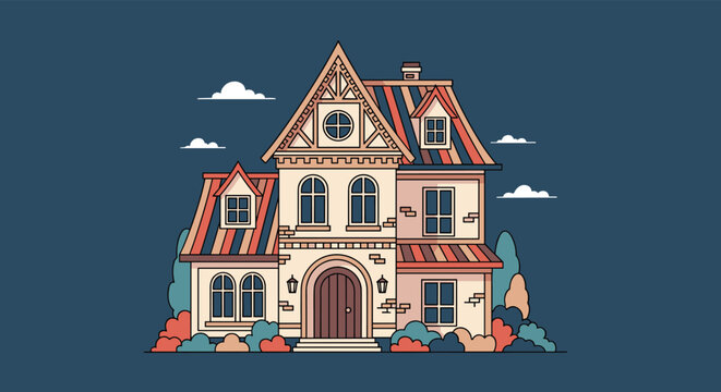 Beautiful Victorian style house with multiple gables and a patterned roof standing against a dark blue night sky with clouds.