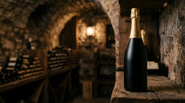 Champagne bottle on a rustic wooden shelf in a dark stone wine cellar