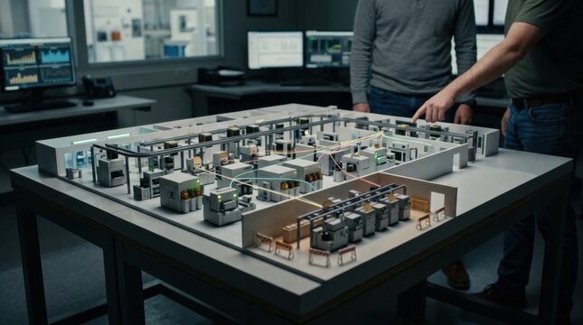 Digital twin fab model showcasing capacity planning with detailed equipment states and flow adjustments enabling strategic resource allocation and production scaling.