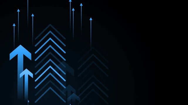 Dark abstract background with multiple upward-pointing arrows animation, minimalist design suggesting growth and progress