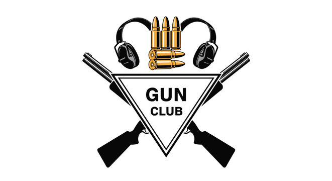 Professional gun club logo emblem featuring crossed shotguns, ammunition bullets, and hearing protection headphones around a triangular sign.