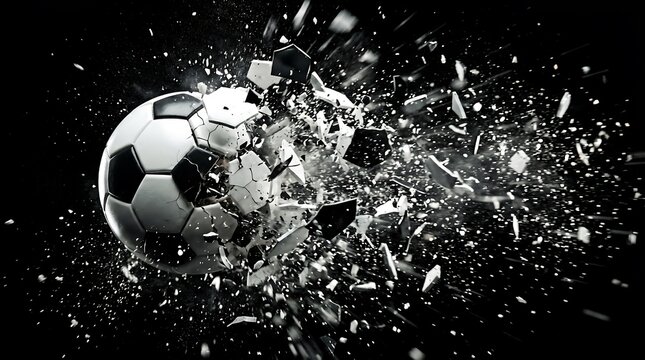 Explosive Soccer Ball Fragmenting in Mid-Air Against a Dark Background