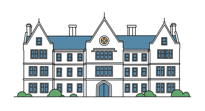 Detailed architectural drawing of a classic university or manor building with multiple windows and gabled roof sections.