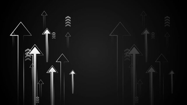Dark abstract background with upward-pointing arrows in varying sizes animation