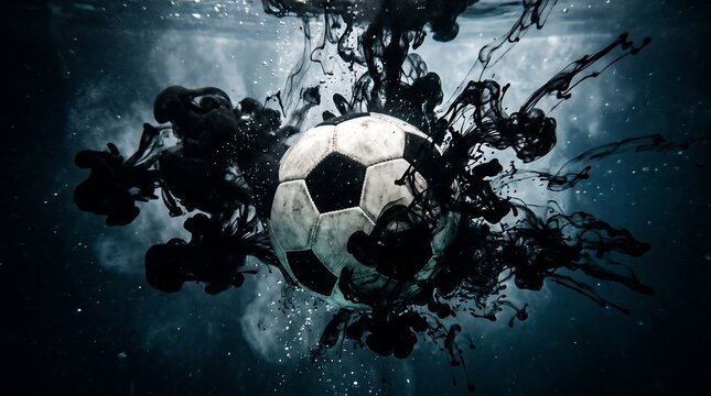 A striking soccer ball immersed in a deep, murky aquatic environment, surrounded by a dramatic explosion of black ink, symbolizing tension and powerful motion in sports