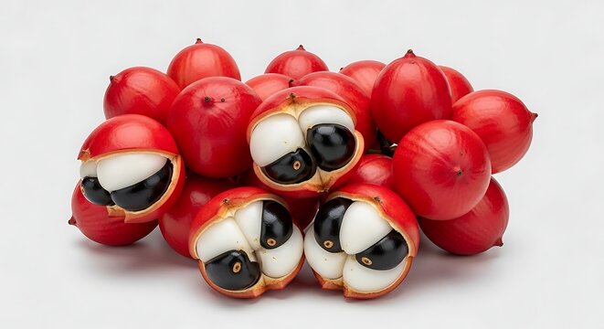 Bunch of fresh annatto seeds with split pods on white background