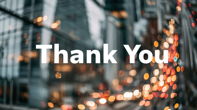 Thank you closing slide with blurred city office lights and traffic bokeh, finance presentation end
